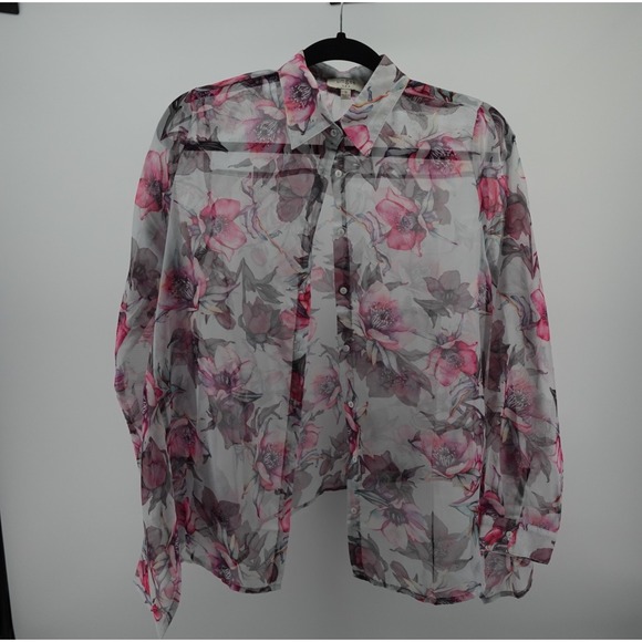 Umgee Tops - Umgee USA Pink Floral Sheer Button Down Blouse Long Sleeve Top A3854 Small